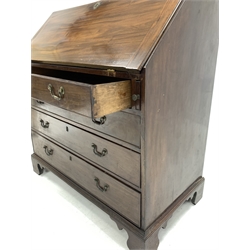Early 19th century mahogany bureau, fall front opening to reveal fitted interior and baize lined writing surface,  below are four cock beaded graduated drawers, raised on shaped bracket supports 