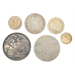 Queen Victoria crown, double florin, florin, shilling sixpence and threepence coins, all dated 1887, toning and grade varies