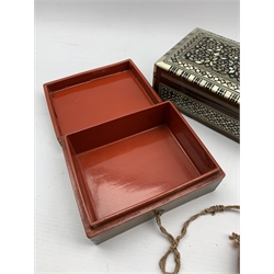 Japanese Meiji hardwood box and cover, the top applied with tsuta, with red lacquer interior W13cm together with a mother-of-pearl inlaid box (2)