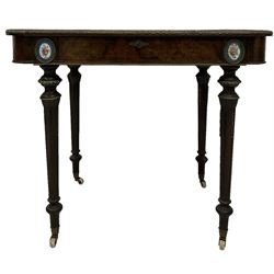 19th century French walnut hall table, the crossbanded top with ormolu mounts over one frieze drawer, raised on turned and fluted supports, terminating in ceramic castors 