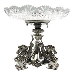 Victorian silver-plated and glass centrepiece, circa 1862, the associated circular cut glass bowl with fan and hobnail decoration, raised upon a triform base formed as three Hippocampus with beaded and foliate details, diamond registration mark and numbered 2942 beneath, H22.5cm x W25.5cm 