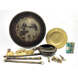 20th century Chinese Cloisonne bowl, 19th century and later horse brasses, Oriental circular tray inlaid with a Dragon, The Metroplitan whistle, Liverpool City Police whistle, J. Hudson military issued whistle and other items 