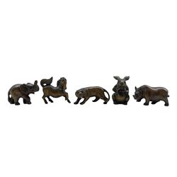 Five netsuke, modelled as a rabbit, rhino, tiger, horse and elephant