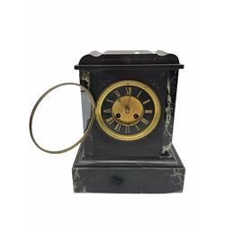 Late 19th century French eight-day striking mantle clock in a Belgium slate case with a shaped top and contrasting variegated green marble panels to front, decorative incising to the plinth and front of the case, twin going barrel movement with a count wheel striking train, striking the hours and half hours on a bell, dial with a recessed gilt center, black slate chapter ring, gold gilt incised roman numerals with a glazed cast brass bezel, matching brass spade hands, with bell and pendulum.