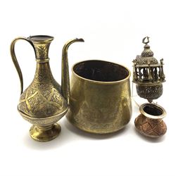 Ottoman brass lantern decorated with birds etc H30cm, Cairo ware engraved brass jardiniere D22cm, Indo Persian rosewater ewer and a small vase