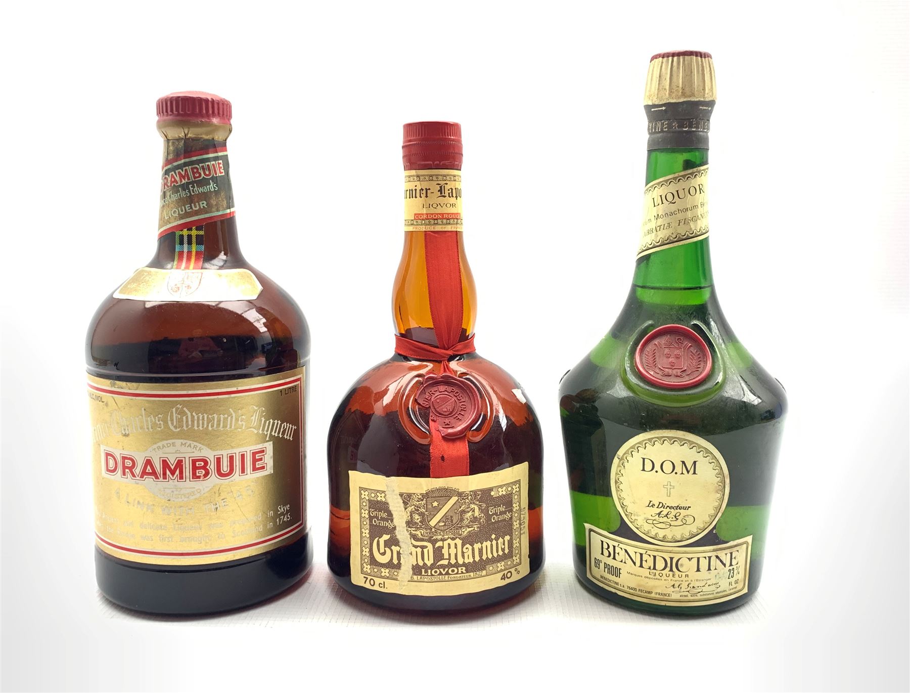 DS Benedictine D.O.M liqueur 23 3/4 fl oz. 69° proof, Grand Marnier  liqueur, 70cl, 40% vol and Drambui Prince Charles Edward\'s Liqueur 1ltr 40%  vol. - Antiques, Fine Art & Collectors