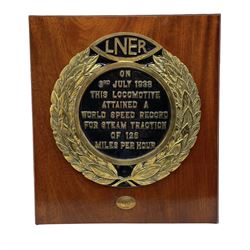 Replica brass and black enamel LNER plaque commemorating the Mallard World Speed Record, limited edition no. 190/250, with paperwork and box