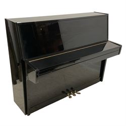 Steinhoff - compact black lacquered upright piano, iron overstrung frame and over damper action with a una corda, sustain and practice pedal, the practise pedal reduces the pianos volume when practising. Together with a black lacquered adjustable piano stool.
