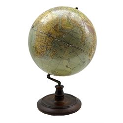 Phillips 14 Inch Terrestrial Globe by George Philip & Son Ltd for the London Geographical Institute, set to a brass mounted turned oak stand (a/f), H55cm