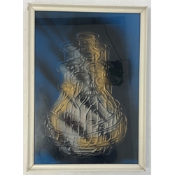 Modern textured print of a vase on a blue background, inscribed on the reverse, 49cm x 34cm 