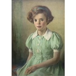 John Menzies (Scottish 1871-1939): Portrait of a Girl in a Green Dress, oil on canvas signed 61cm x 43cm