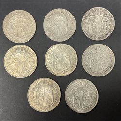 Three King Edward VII halfcrown coins dated 1906, 1909, 1910 and five King George V halfcrown coins dated 1912, 1914, 1915, 1916, 1918 (8)