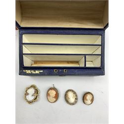 Early 20th century leather dome top stationary box with fitted interior by E.Byam 321 Bazaar, Soho Square together with four oval carved shell cameo brooches (5)