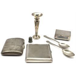 Engine turned silver cigarette case Birmingham 1927, another 1928, silver match box holder, silver thimble, small vase and two silver tea spoons, weighable silver 7.3oz