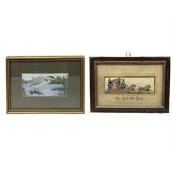 19th century woven silk Stevengraph 'The Good Old Days' 15cm x 5cm and a woven silk picture of a Heron by Cash's (2)