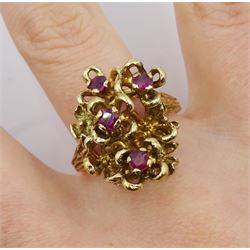 9ct gold abstract design ring set with four rubies, hallmarked