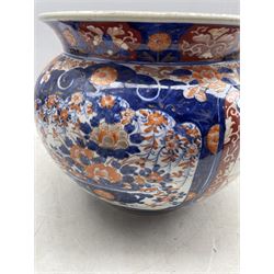 Early 20th century Japanese Imari pattern Jardiniere, decorated with four reserves with birds, terrace scene and flowers, H28cm x D37cm approx 