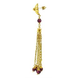 Pair of Greek 18ct gold garnet bead tassel pedant earrings, stamped 750