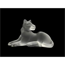 Lalique frosted glass model of a recumbent Lioness, engraved Lalique France to base, L25cm x H14cm 