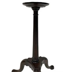 Georgian design mahogany tripod wine table, circular moulded dished top on turned and fluted column, triangular platform with three splayed supports