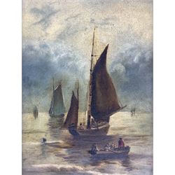 English School (19th century): Sailing Boats in Moonlight and Sunrise, pair oils on board indistinctly signed with monogram 25cm x 17cm (2)