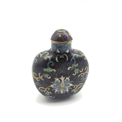 Chinese Cloisonne snuff bottle decorated with foliate scrolls throughout, H10cm