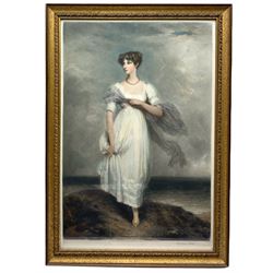 Norman Hirst (British 1862-1956): Portrait of a Regency Period Lady Walking on the Beach, colour mezzotint signed in pencil by the engraver 50cm x 34cm