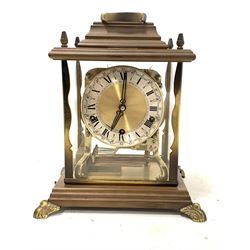 20th century German eight day mantel clock, brass dial with silvered Roman and Arabic chapter ring, striking Westminster, Whittingtons, St Michaels and with a silent function, 