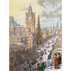 Derek Braithwaite (British 20th century): 'Balmoral Hotel Scott Monument Edinburgh Princess Street' and two other snowy scenes, set three watercolours, two signed max 26cm x 37cm (3) (unframed)
