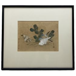 Chinese School (19th century): Sparrows Feeding, colour woodblock print heightened with white stamped and inscribed 20cm x 26cm