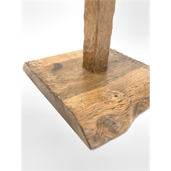 Yorkshire oak standard lamp, square tapered and adzed column on rustic square chamfered base, carved with floral decoration and acorn signature