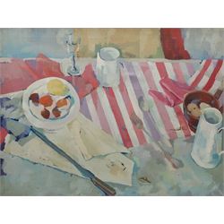 Ricky Barnard (British mid 20th century): Still Life with Pink Tablecloth, oil on canvas signed and numbered IV verso 77cm x 102cm (unframed)