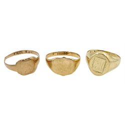 Gold shield signet ring and two gold other signet rings, all 9ct