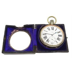 Goliath Swiss lever pocket watch in a nickel case, white enamel dial with blued steel spade hands and subsidiary seconds hand, retailed by Jays Oxford street, London, in silver engine turned case London 1913