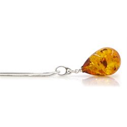 Silver pear shaped Baltic amber pendant necklace, stamped 925