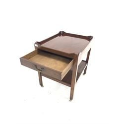 20th century mahogany two tier tray top table fitted with single drawer, raised on castors 61cm x 51cm, H69cm
