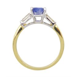 18ct gold three stone Ceylon sapphire and tapered baguette cut diamond ring, stamped 750, sapphire approx 1.85 carat