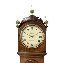 Grimalde of London – Mahogany 8-day longcase clock c1805, with a break arch scroll carved pediment and three ball and spire finials, hood with canted and reeded corners and hinged cast brass bezel, rectangular trunk with a long brake arch topped door and cavetto moulding to the edge, stepped plinth with applied beading to the front, painted circular dial with Roman numerals, minute track and finely pierced matching steel hands, dial pinned directly to a five pillar rack striking movement with a recoil anchor escapement, striking the hours on a bell. With pendulum and brass cased weights.
Peter & Samuel Grimalde are recorded as a 19th century London clock and chronometer makers.
