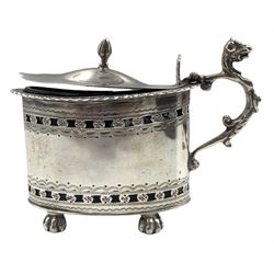 Edwardian silver mustard pot with pierced decoration and scroll mask handle Chester 1909 Maker George Nathan and Ridley Hayes and two cased sets of six bead knop silver coffee spoons 