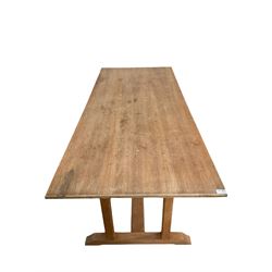 20th century oak dining table, the rectangular top raised on four square supports W183cm, H72cm, D77cm 