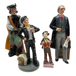 Four Royal Doulton figures including: 'Statesman' HN2859, 'Cavalier' HN2716, 'Pearly Boy' HN2035 and 'Pearly Boy' HN2767 max H25cm