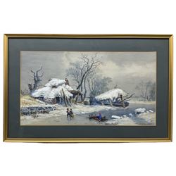 English School (19th century): Children Playing in a Winter Landscape, watercolour heightened with white indistinctly signed 28cm x 51cm