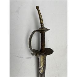 18th/19th century Indian sword with spur hilt and gilt metal leaf like decoration, blade length 89cm