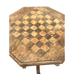 Victorian rosewood games table, octagonal top inlaid with chequered games board over shaped apron, spiral turned column raised on inverted 'C' scrolled supports, W51cm