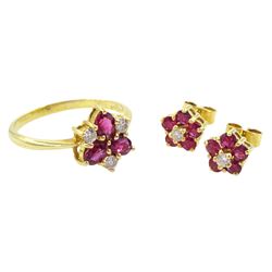 Gold oval cut ruby and round brilliant cut diamond cluster ring, and pair of gold ruby and diamond stud earrings, both hallmarked 18ct, total diamond weight approx 0.20 carat