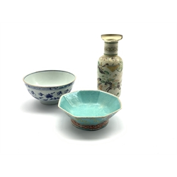  18th Century Chinese small bowl decorated in blue and white D15cm, green ground hexagonal bowl and a small baluster vase   