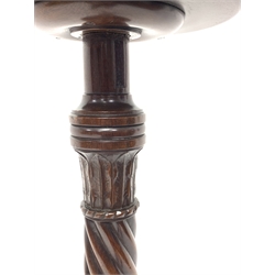 20th century mahogany torchère stand, circular moulded top on acanthus carved and twist reeded column, three out splayed supports, H141cm