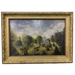 American School (19th century): Stately Home with Fashionable Figures, oil on canvas unsigned 29cm x 44cm