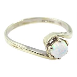 9ct white gold single stone opal crossover ring, hallmarked