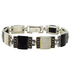 Silver mother of pearl, black onyx and marcasite bracelet, stamped 925